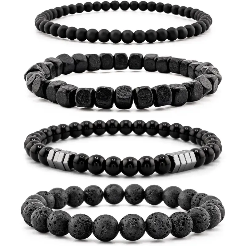 Men's Beaded Bracelets Set, 4-Piece Natural Stone Jewelry with Matte Agate & Lava Rock, Adjustable Slider for Unisex Daily Wear, Bangles Bracelets, Adjustable Slider Bracelets