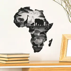 African Map Wall Sticker, Creative Design, African Animals & Plants, 2D Flat Sticker, Suitable for Living Room Bedroom Kitchen Door Walls Home Decor