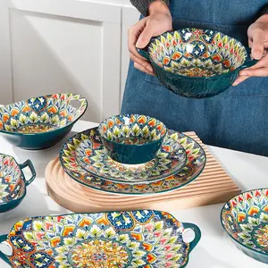 Boho Style Ceramic Bowl Set, 1 Count Hand-painted Exotic Style Bowl, Creative Household Tableware for Home Kitchen Dining Room