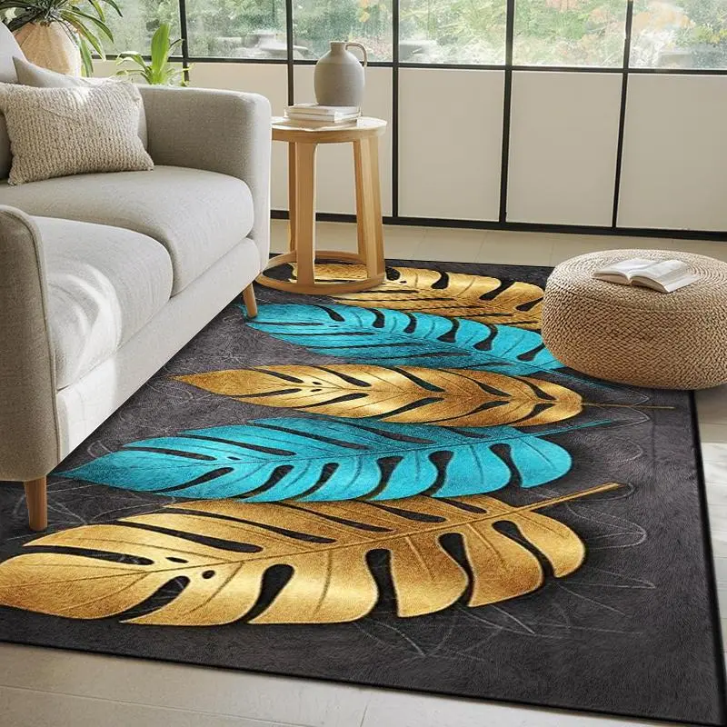 Luxury Gold-Teal Monstera Leaf Area Rug, Non-Slip Dark Background Tropical Plants Carpet with Washable Fabric for Bedroom, Entryways, Modern Home Decor