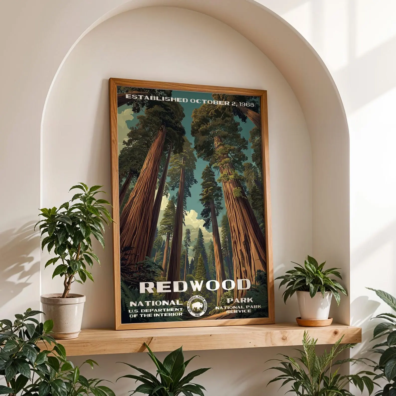 Redwood National Park Vintage Glossy Poster, Unframed Nature Landscape Wall Art