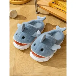 Cute Cartoon Shark Design Plush Slippers, Casual Soft Comfortable Home Slippers, Fuzzy Warm Slippers for Indoor & Outdoor Use for Women & Girls