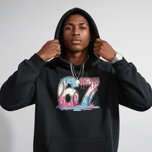 Men's 67 Baseball Ice Cream Drip Meme Graphic Hoodie - Cotton Blend Black Long Sleeve Pullover Regular Fit |   Soft & Breathable Fabric, Durable Print, Everyday Comfort, Machine Washable, cartoonish, playful funny, pop culture