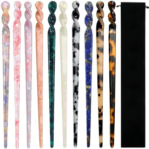 10 Pieces Acetate Hair Sticks Leopard Print Hair Pins, Tortoise Shell Hairpin Vintage Hair Chopsticks Retro Hairpins Disk, Hair Accessories for Women Girls