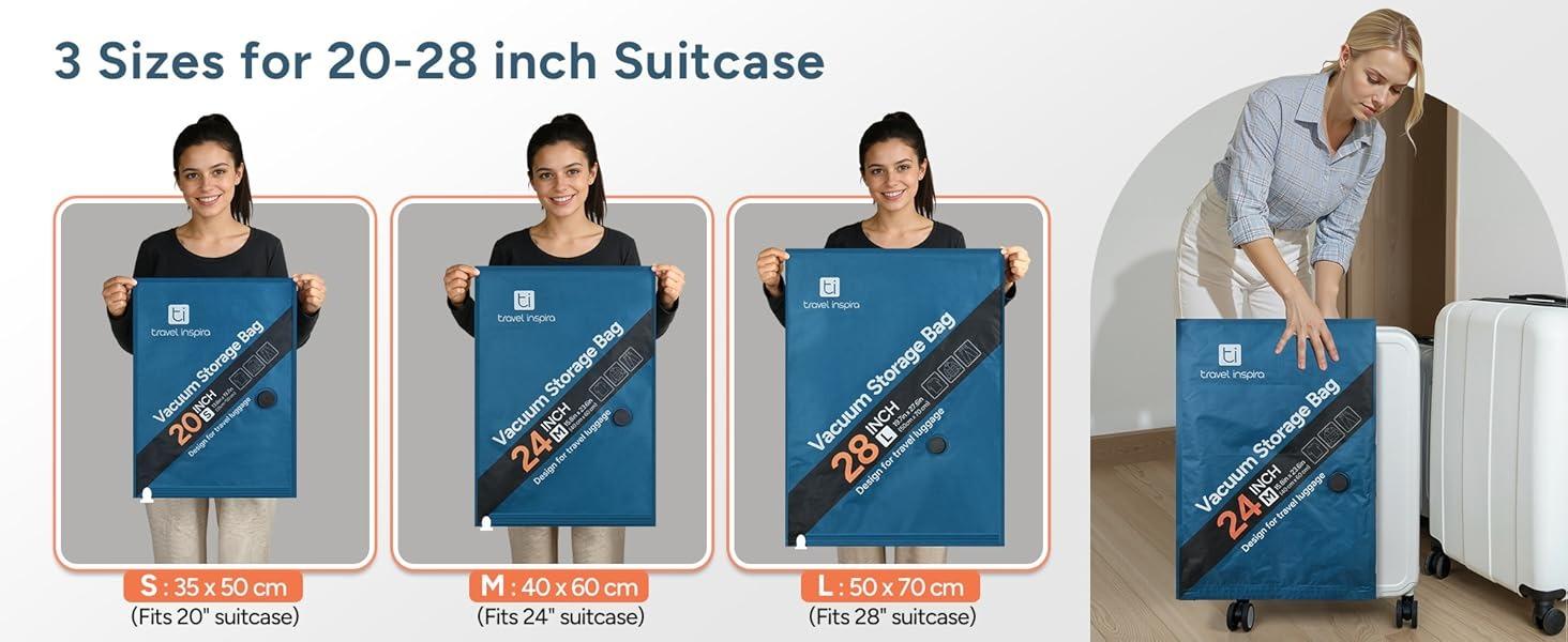 travel inspira 15 Pack Vacuum Storage Bags with Wireless Pump, Travel Essentials Space Saver Bags for Travel, Privacy Protection Oxford Cloth Compression Bags 3 Sizes for 20/24/28" Suitcase