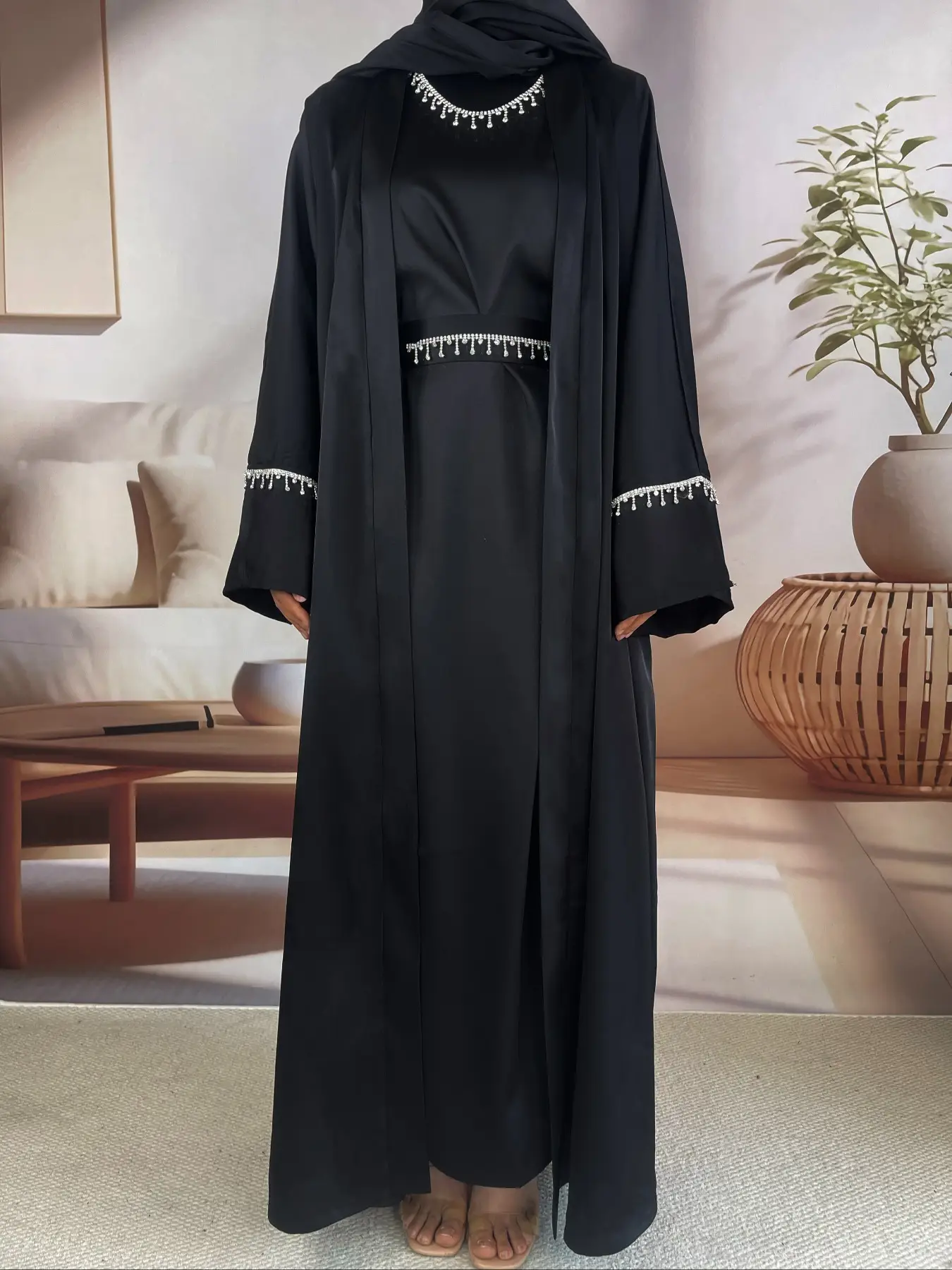 Luxury Satin Abaya Set for Muslim Women, Long Robe with Fringe Belt, Includes Hijab, Headband, Detachable Necklace, All Seasons Wear, Modesty Abaya, A