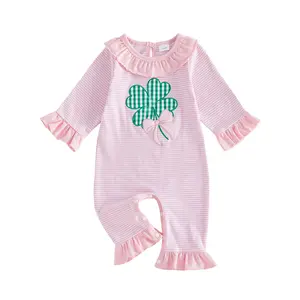 Cute Infant Baby Girl St Patricks Day Outfit Shamrock Embroidery Striped Print Long Sleeve Crew Neck Romper Jumpsuit