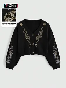 Women's V Neck Gothic Punk Style Plant Snake Embroidery Sweater, Casual Loose-Fit Short Knitted Cardigan, All Seasons Moderate Fabric