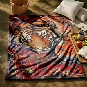 1 piece The majestic and fierce tiger of Crouching Tiger, Hidden Dragon themed flannel blanket - All-season comfortable blanket with modern design, suitable for sofas and beds, digitally printed pattern, flannel material, super soft and warm