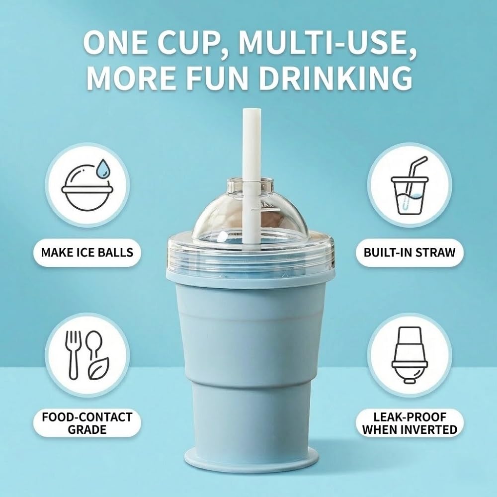 IMOLI Portable Collapsible Ice Ball Mold Cup, Creative Food-Grade Silicone Ice Mold with Built-in Straw for Summer Outings, Camping, Travel, Parties, and Gifting.