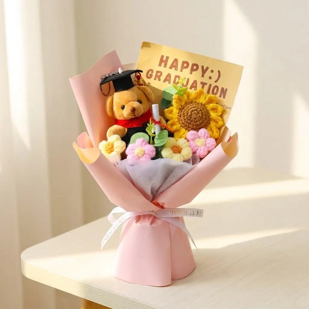 Handmade Crochet Sunflower Cute Bear Bouquet with Premium Gift Bag, Everlasting Class of 2026 Graduation Gift, Perfect School Commencement Keepsake, Sunflower Gifts, Artificial Sunflower Gifts