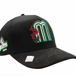 Mexican Hat with Guadalupana Image Black Baseball Cap with Green M Rose Design