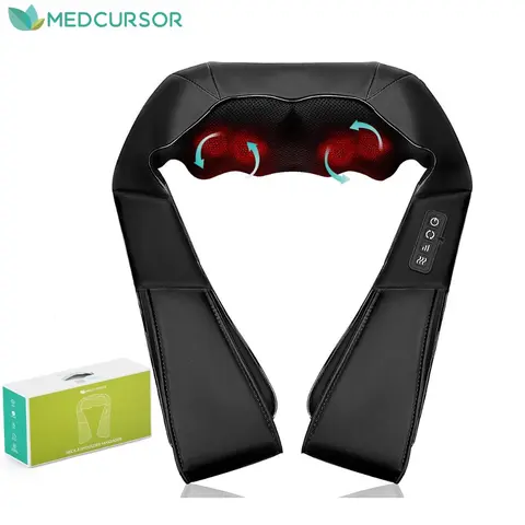 Medcursor Faux Leather Shiatsu Massage Pillow with Heat - Portable Electric Device, 8 Nodes Deep Tissue Tool, Neck Shoulder Relaxer, Back Massager, Selfcare Item, Neck-Leg Versatility, Relaxing Gift