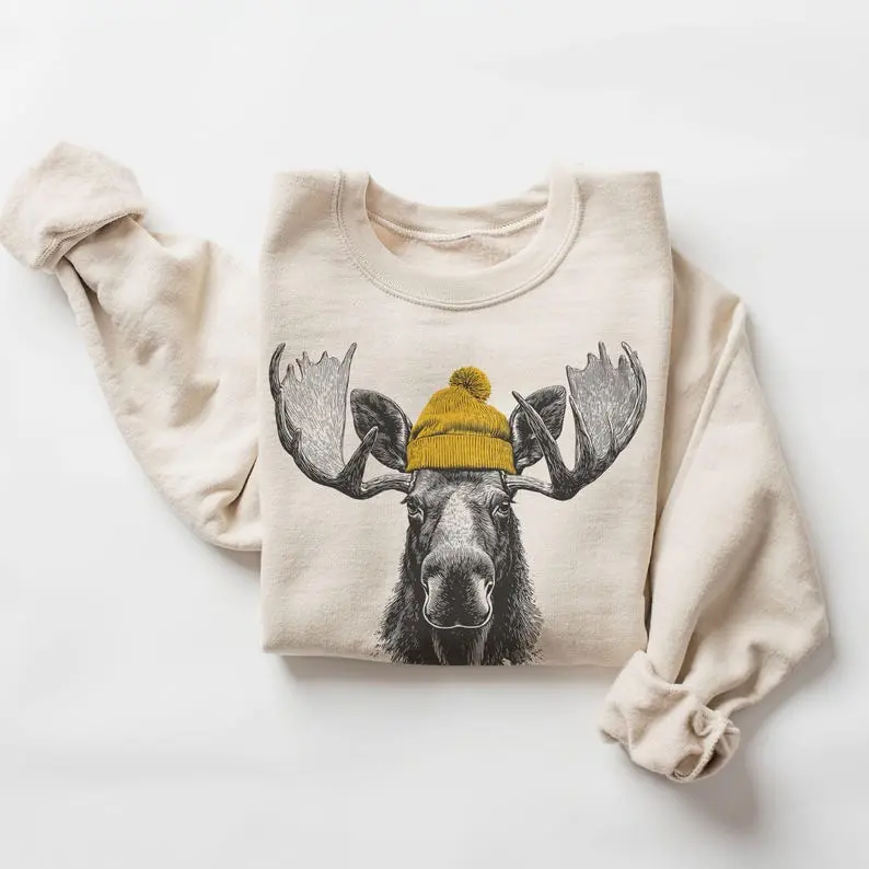 Bull Moose Wearing Beanie Sweatshirt – Mountain Wildlife Crewneck, Camping & Hiking Gift, Vintage (Phuhi) 90s Unisex Adult and Youth T-shirt Animal Outdoors Pullover