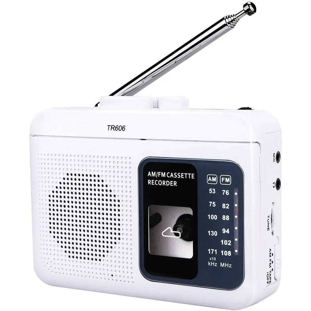 TR606 Cassette Tape Player, Cassette Player Recorder, Built-in Speaker, AUX/Microphone Jack, Support AUX Line in Record, AM FM Radio,  by DC or   (White)