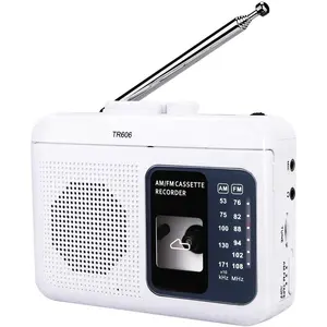 TR606 Cassette Tape Player, Cassette Player Recorder, Built-in Speaker, AUX/Microphone Jack, Support AUX Line in Record, AM FM Radio,  by DC or   (White)