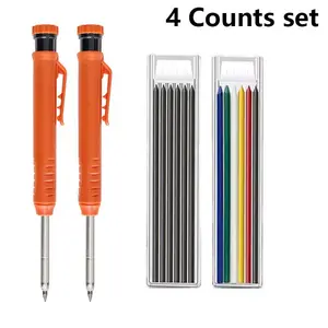 Set of 4 Deep Hole Carpenter Pencils, and 6 Colors, Refillable Mechanical Tips, Designed for Woodworking, Long Handle, Stationery Supplies