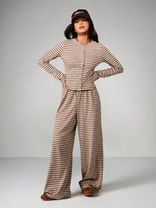 Women's 2-Piece Wide Leg Pants and Long Sleeve Striped Casual Lounge Set, Spring & Fall Knit Cardigan, Perfect for Comfort and Fashion