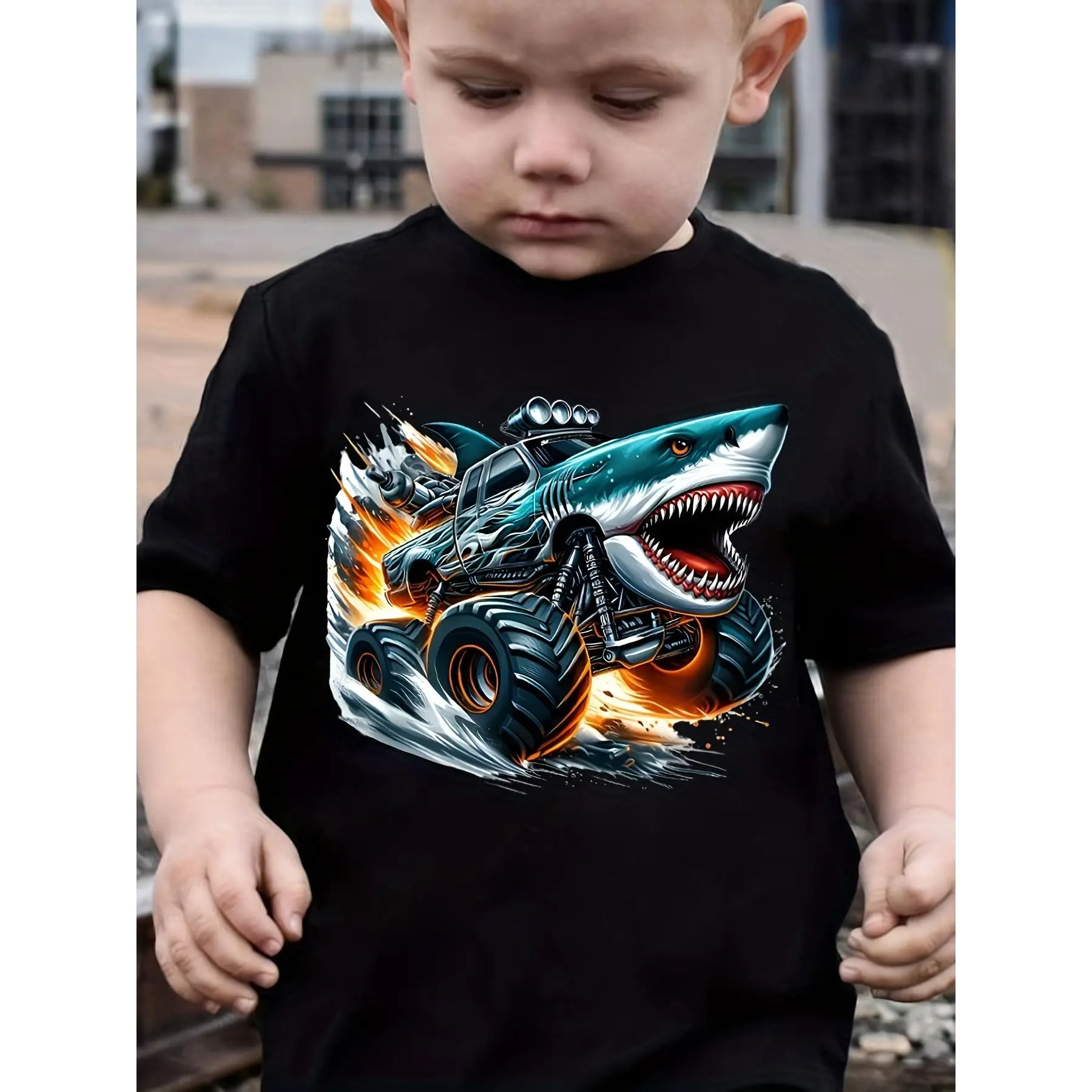 Cartoon Shark Truck Graphic Print Tee, Boys' Casual & Trendy Crew Neck Short Sleeve T-shirt For Spring & Summer, Boys' Clothes For Outdoor Activities