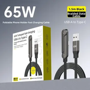 Side-mounted mobile phone charging cable, two-in-one invisible fixed charging cable, 65W fast charging cable with Foldable phone Holder, suitable for iPhone 15-17, all Android models are applicable, festival gift