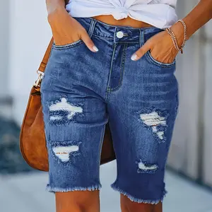[US Shipping] Women's High-Waist Skinny Distressed Classic Chic Denim Bermuda Shorts - Medium Wash, Knee-Length, Comfortable, Shiny, Essential Summer Casual Womenswear Bottoms