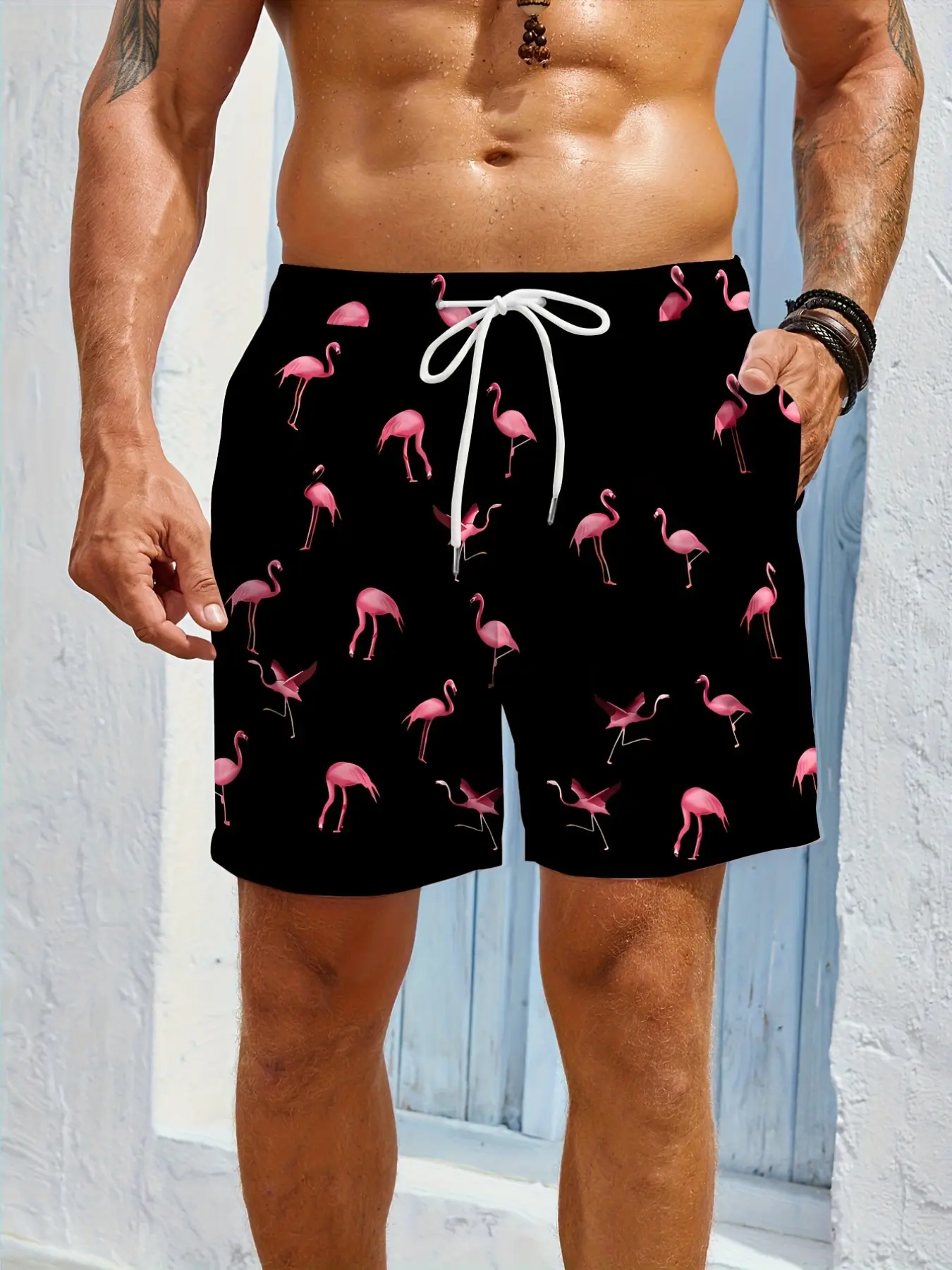 Men's Flamingo Print Beach Shorts, Summer Casual Quick-Dry Short Pants, Eco-Friendly Fabric, Comfortable Breathable, Loose Fit Swimwear Outer Wear, Swim Trunks, Swimming Shorts, Drawstring Swim Shorts