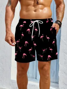 Men's Flamingo Print Beach Shorts, Summer Casual Quick-Dry Short Pants, Eco-Friendly Fabric, Comfortable Breathable, Loose Fit Swimwear Outer Wear, Swim Trunks