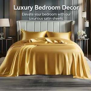 BEDELITE Satin Sheets Queen Size Bed Set, Luxury Soft Airy Blue Silky Sheets for Hair and Skin, Similar to Silk Bed Sheets Set 4 Pieces with 1 Deep Pocket Fitted Sheet, 1 Flat Sheet, and 2 Pillowcases