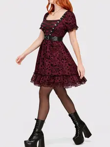 Rgothic Women's Elegant Burgundy Floral Gothic Rose & Dot Print Elastic Short-Sleeve Corset Dress - Belted Buckle Peplum Ruffle Hem A-Line Fairy Garment for Halloween, Party