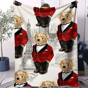 A Single-Sided Printed Plush Blanket With a Teddy Bear Pattern, Soft, Warm, And Lightweight, Suitable For Beds, Sofas, Cars, And Room Decoration