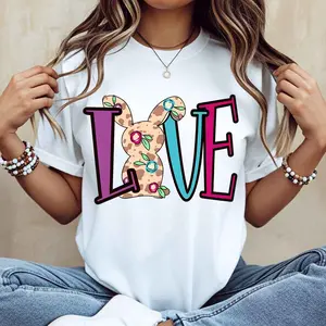 Love Bunny Floral Print T Shirt White Casual Women Top For Spring And Summer Easter