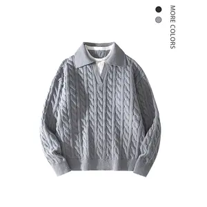 Men's Casual Cable Knit Polo Sweater -  Layered Collar, Half-Zip V-Neck, Trendy Fall/Winter Streetwear Essential, Stylish Knit Top. Fashion Knitwear Long Sleeve Menswear Pullover Crewneck Day Jeans Jumper Loose Knitted NO:2613
