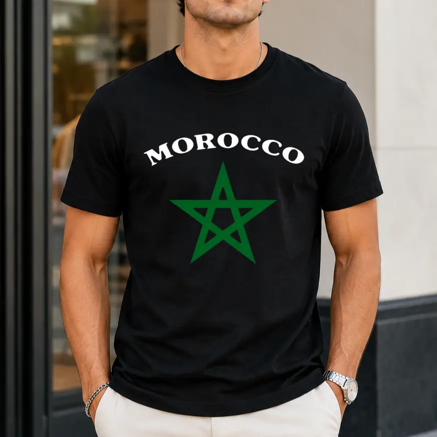 100% Cotton Men's  Morocco Star Graphic Short-Sleeve T-Shirt, Unisex Moroccan Heritage Flag-Inspired Minimalist Cultural Streetwear Top for Casual Wear, Back to School, Travel, Black Menswear Crewneck backtoschool