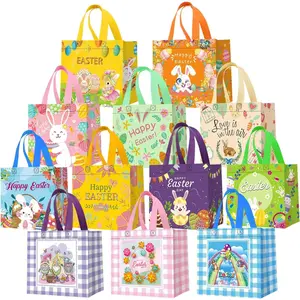 12-Pack Easter Egg Hunt Bags with Handles, Happy Bunny Egg Easter  Bags, Non-Woven Easter Tote Bag for Easter Baskets, Easter Party Supplies 8.3x7.9x5.9 inches, 12  Patterns