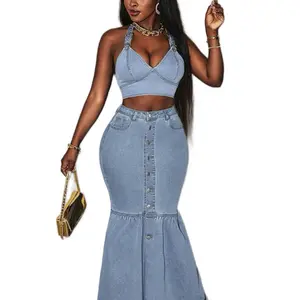 Slaydiva  Fashionable sets Washed Front Button Extra Long Denim Skirt.