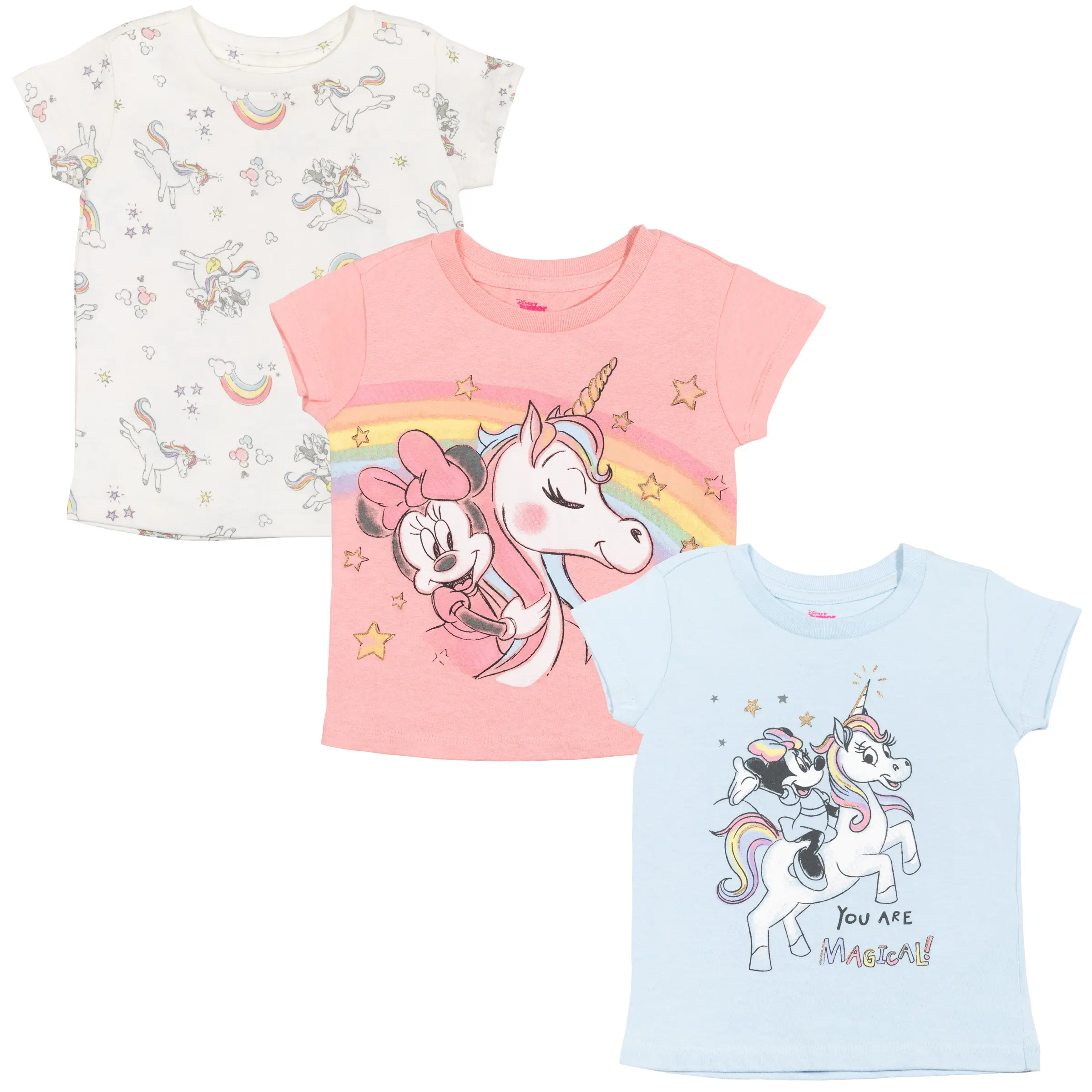 Disney Minnie Mouse Girls' 3-Pack Short Sleeve Cute Cotton Tee & Cotton Blend Graphic Tees with Glitter for Babies & Kids