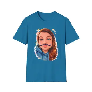 Cartoon Girl Face with Mustache T-Shirt | Playful Portrait Tee