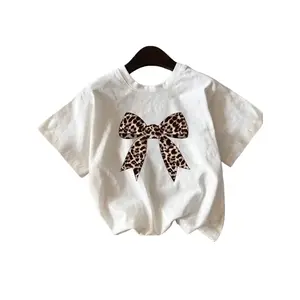 Women's Leopard Bow Print Round Neck Tee, Classy Casual Short Sleeve T-shirt for Summer, Ladies Clothes for Daily Wear