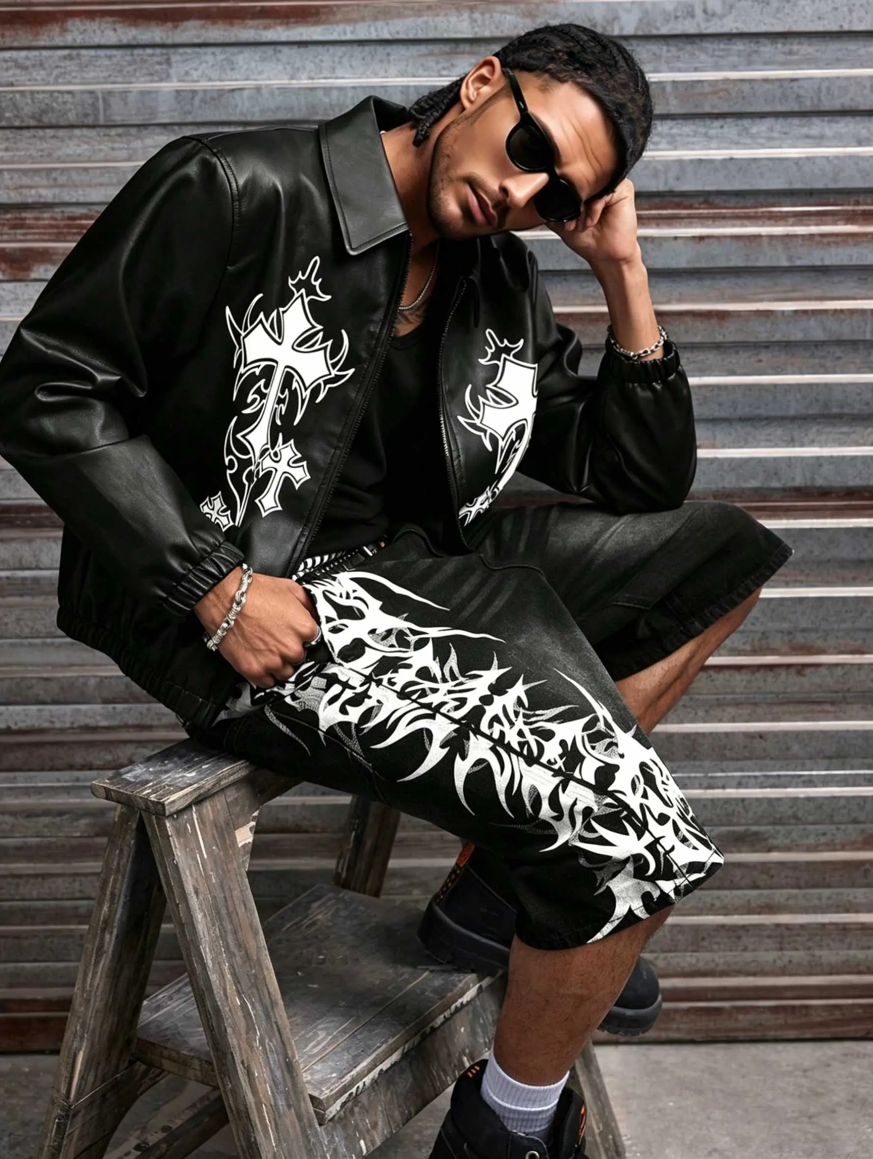 Black Thorn Tribal Side Print Baggy Denim Jort Shorts️Alt Punk Y2K Dark Unique Street Staple