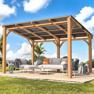 【4 package arrived at different times】AECOJOY 14' x 10' Outdoor Wood Ceder Gazebo for Patio, 10x14 Outdoor Lean to Hardtop Pergolas and Gazebos Clearance, Wall Mounted Wooden Gazebo Heavy Duty Metal Awnings for Patio, Decks, Backyard