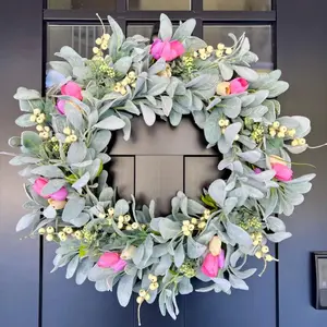Spring Front Door Wreath, Artificial Tulip and Berry Lamb's Quarters Wreath, Indoor Outdoor Decor, Wall Window Porch, All Seasons