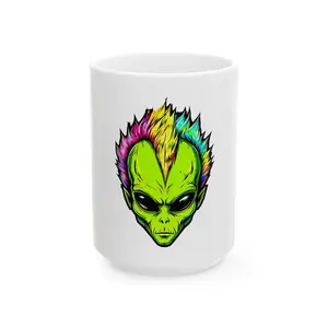 Alien Head Colorful Ceramic Mug | Fun Coffee Cup | Sci-Fi Gift | Unique Drinkware | 11oz & 15oz Sizes