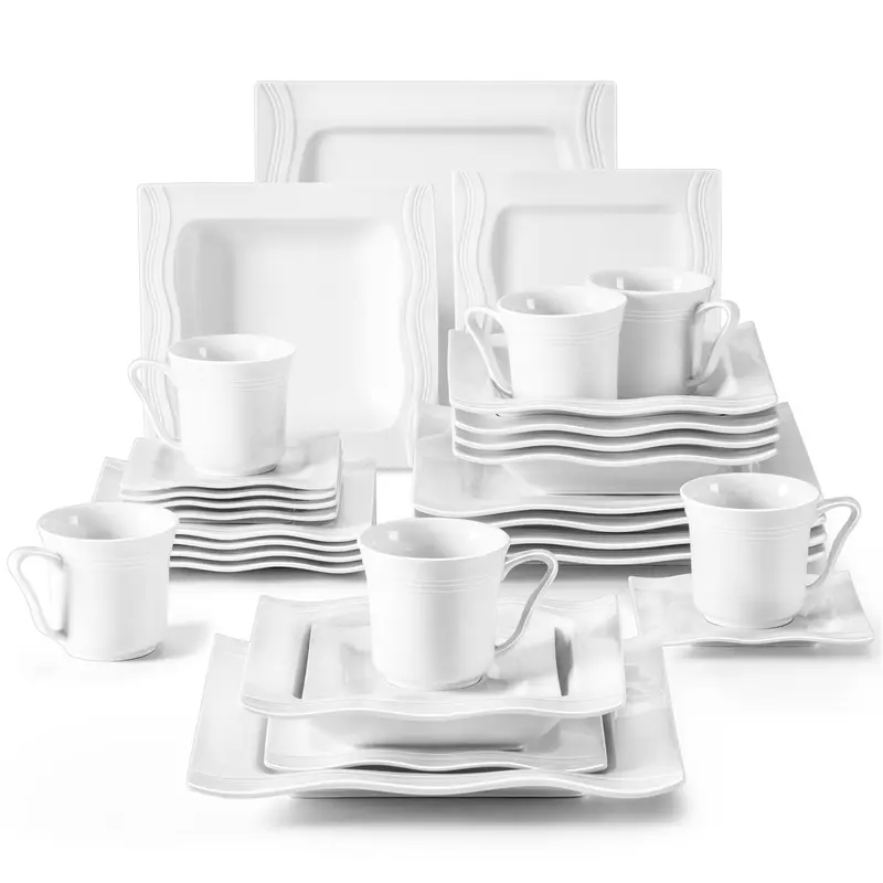 MALACASA 28/30 Pieces Ivory White Dinnerware Sets, Porcelain Square Plates and Bowls Sets for 6, Ceramic Dishware Set, Series Mario modern design Winter Holiday