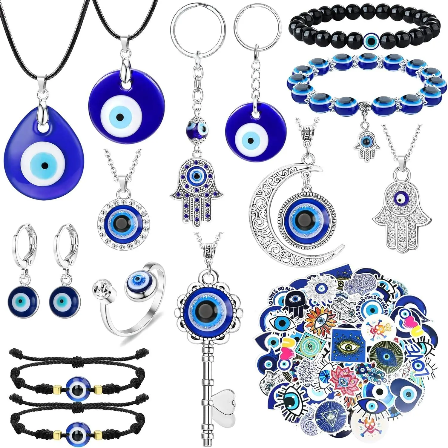 YADOCA 12/15Pcs Alloy Turkish Protect & Wealth Jewelry Set - Evil Eye Necklace, Bracelet, Earring, Ring, Keychain, Hamsa Hand Pendant, 50Pcs Waterproof Evil Eye Stickers for Daily Use