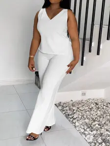 Plus Size 2 Piece Outfits for Women Summer Sleeveless V Neck Top Wide Leg Pants Set Casual Daily Lounge Summervibes