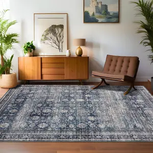 【GARVEE】Large Area Rugs 9x12 Vintage Printed Living Room with Non-Slip Backing, Stain-Resistant Oriental, Washable Farmhouse Low Pile Accent Rugs for Bedroom, Office, Blue