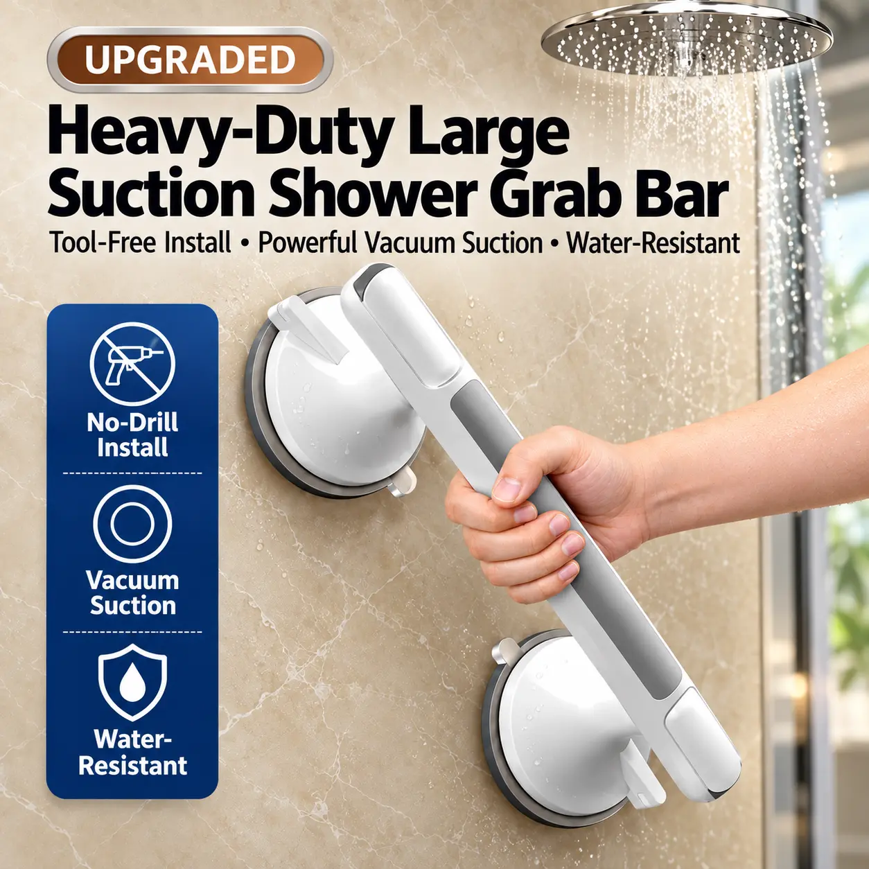 Suction Shower Handle Grab Bar for Bathtubs & Showers, No Drill Bathroom Safety Handle, Removable Bathtub Support Rail for Seniors & Elderly