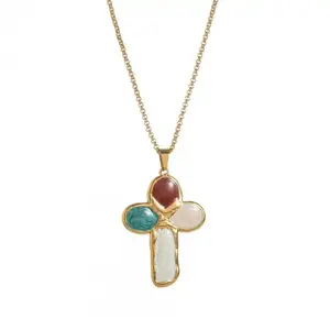Colorful Stone Cross Necklace – Gold Color Stainless Steel Punk Hip Hop Pendant