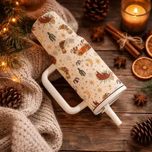 1 Pc 40oz Stainless Steel Insulated Tumbler with Handle and Straw, Portable Western Cowboy Desert Pattern Design, Double Wall Vacuum Leakproof Cup, Gift for Men Women, Perfect for Travel Outdoor Ranch, Drinkware