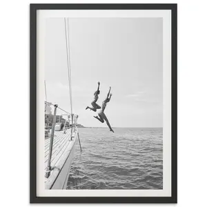 Black and White Coastal Wall Art, Fine Art Photography of Women Jumping by Yacht, Italy Beach Summer Print, 5 Size, 8x12 to 27x40 inch, Room Decor, Unframed | 5 Size, 8x12 to 27x40 inch